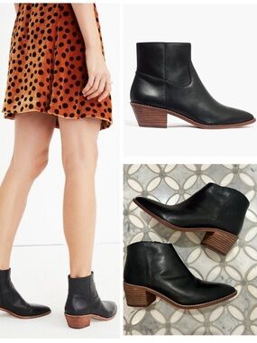 Madewell Western The Charley Boot in Leather Black Almond Toe Zip Up Booties 7.5